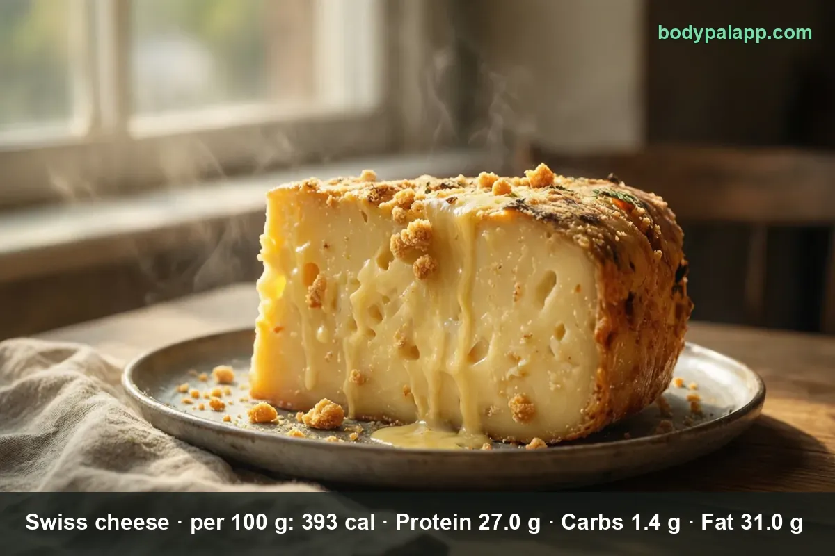 Baked block of Swiss cheese with holes, melted streaks and crumbs on top, steam rising.