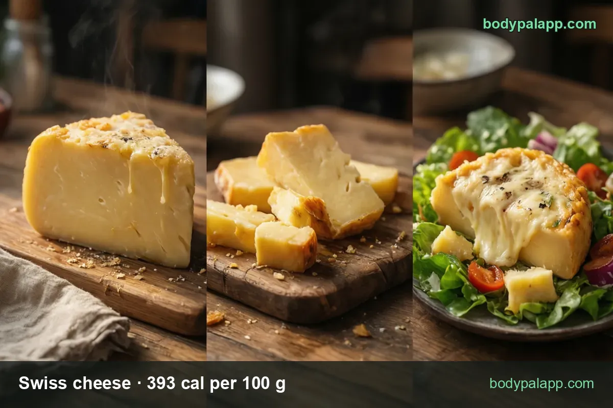 Swiss cheese wedge with small holes, pieces and cubes on a board; 1 slice 21 g 83 cal and 1 cup diced 132 g 519 cal.