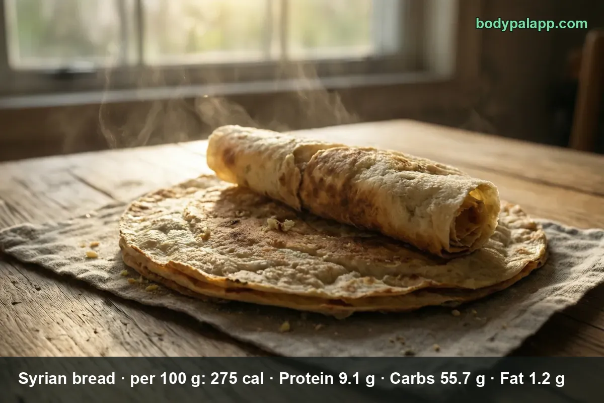 Round Syrian pita breads with one rolled wrap, the size logged as a 57 g medium pita at 157 calories