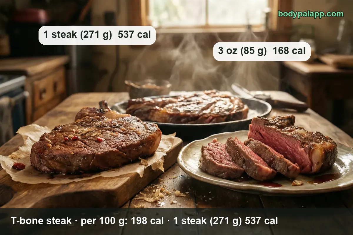 Whole cooked T-bone on a board, a second steak in a skillet behind and four sliced pink pieces; 1 steak 537 cal, 3 oz 168 cal.
