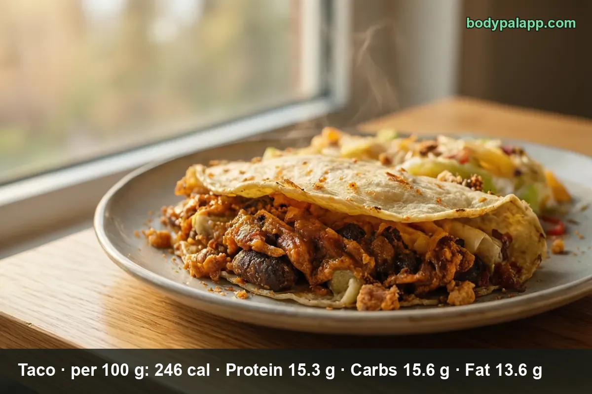 Soft beef taco in a warm flour tortilla, steam rising from the ground beef filling, no hard shell