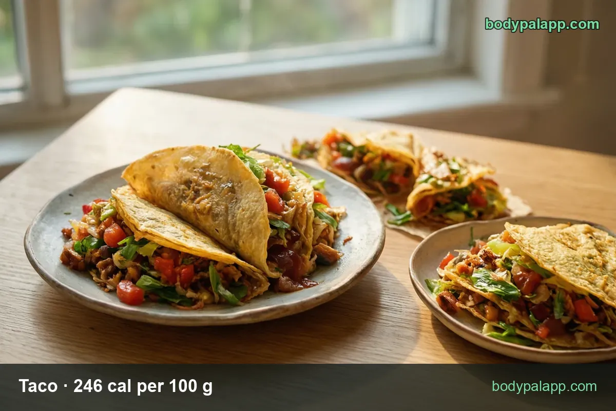 Two soft beef tacos with tomato and lettuce on a large plate, two tacos on paper behind and one on a small plate, 105 g and 160 g servings