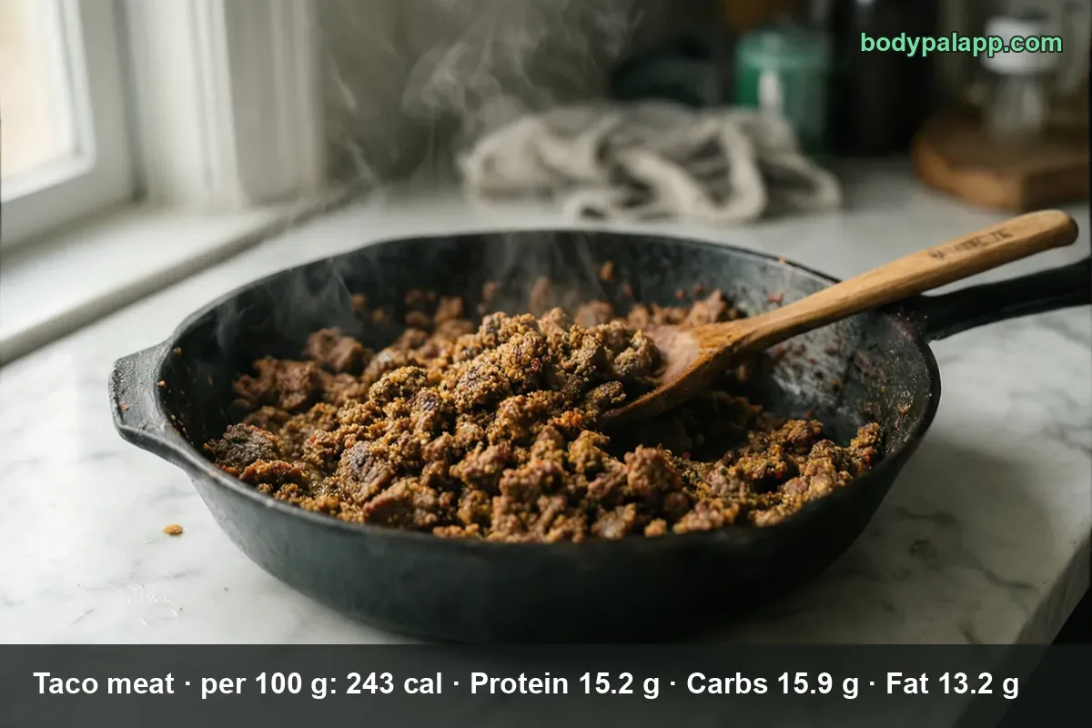 Cast-iron skillet of cooked seasoned ground taco meat with a wooden spoon, steam rising