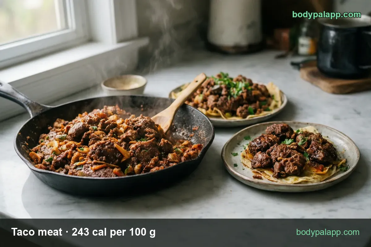 Skillet of taco meat with a wooden spoon and two plates of taco meat on tortillas, one with parsley; 1 taco 100 g and 1 cup 120 g