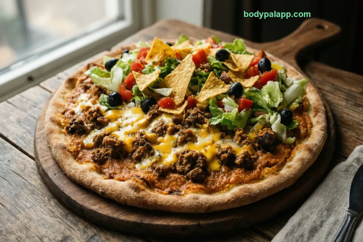 Taco pizza, packaged, per label