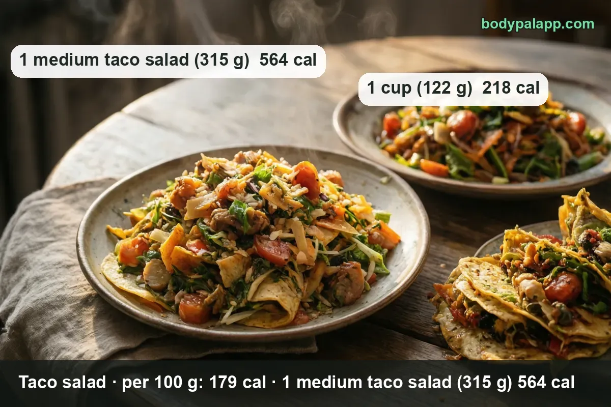 Plates of chopped taco salad with tortilla chips, labeled 1 medium taco salad (315 g) 564 cal and 1 cup (122 g) 218 cal