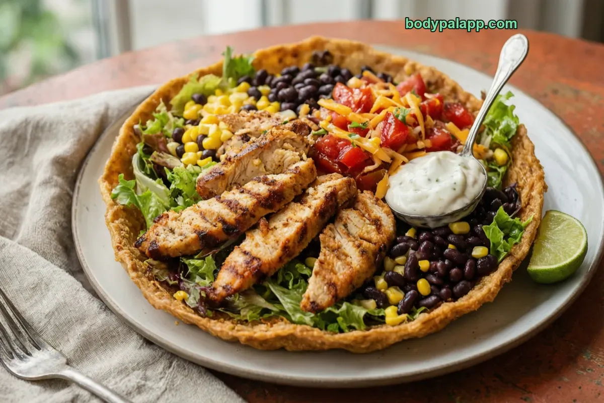 Taco salad with chicken, taco or tostada salad