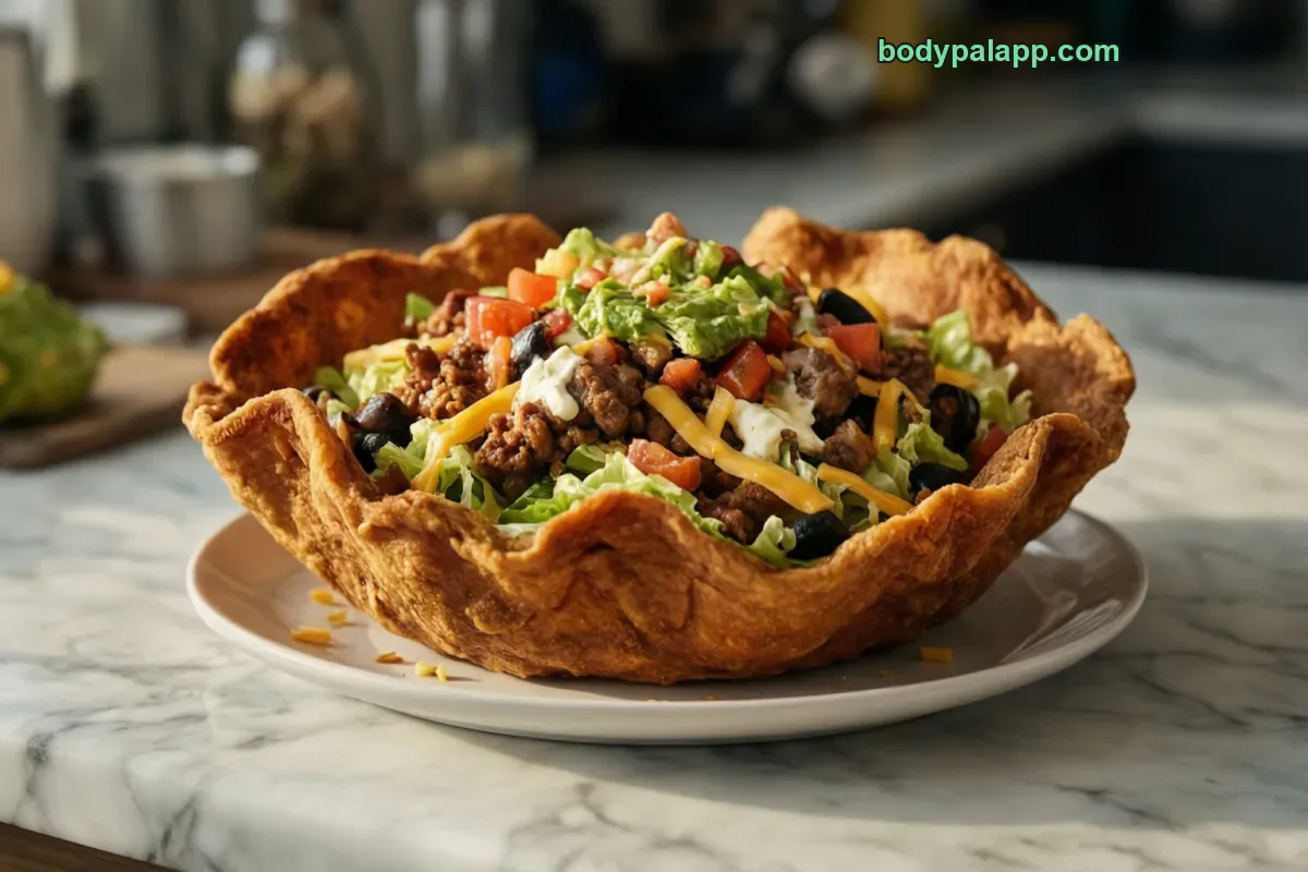 Taco salad with shell, with meat, in shell