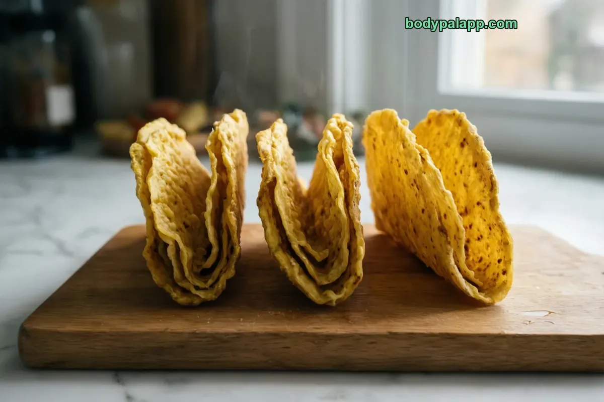 Taco shell, baked, corn