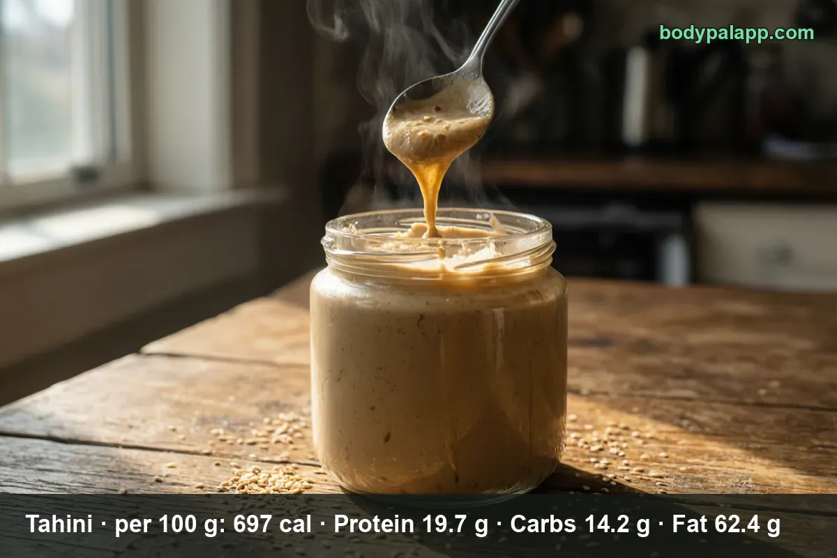 Open jar of tahini with sesame paste dripping from a spoon and sesame seeds scattered on the table
