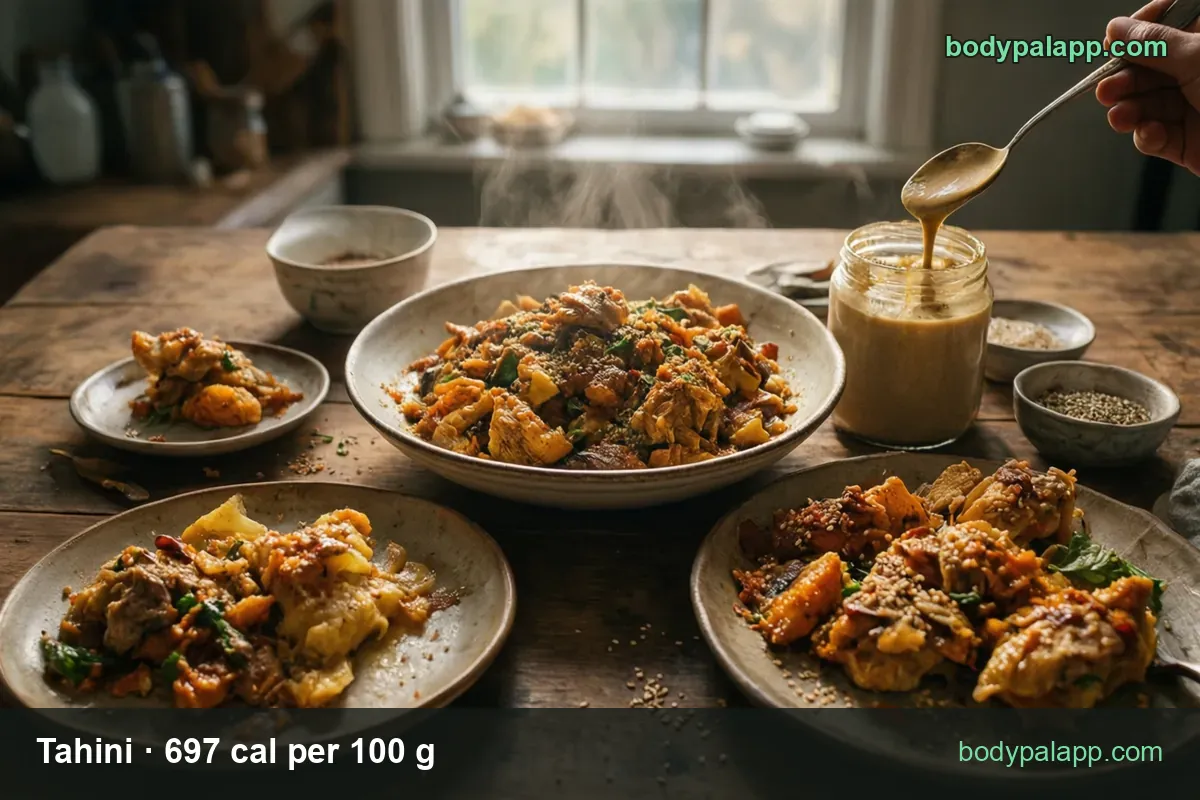 Jar of tahini with spoon beside cooked chicken and vegetables with sesame; 1 tablespoon (15 g) 105 cal, 2 tablespoons (30 g) 209 cal