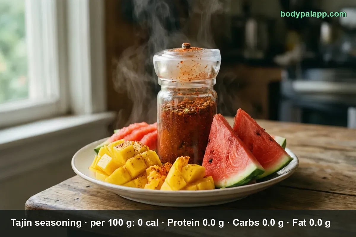 Glass jar of red-orange Tajin seasoning with mango cubes and watermelon slices dusted with the chili-lime powder around it