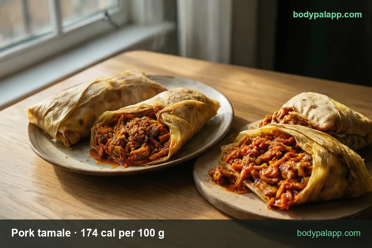 Four pork tamales, two on a plate and two on a board, with 1 tamale (140 g) 244 cal and 2 tamales (280 g) 487 cal