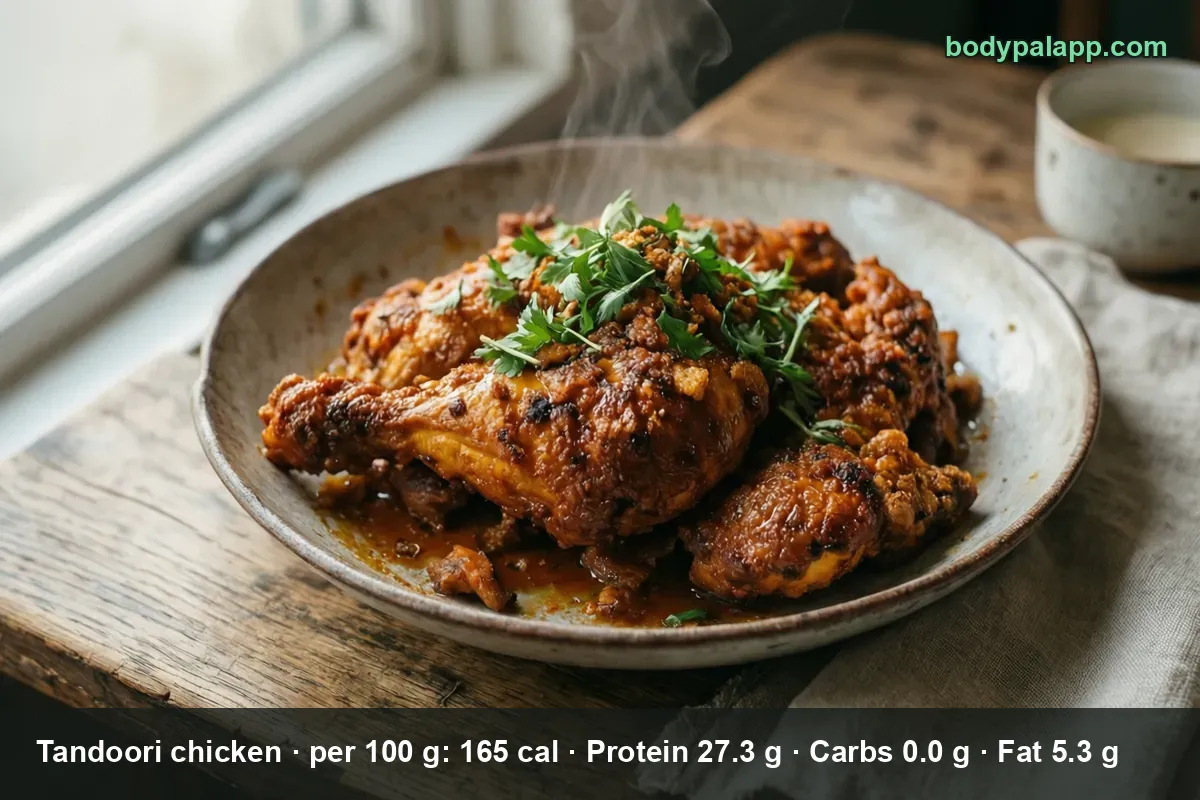 Three roasted tandoori chicken pieces topped with fresh coriander on a plate