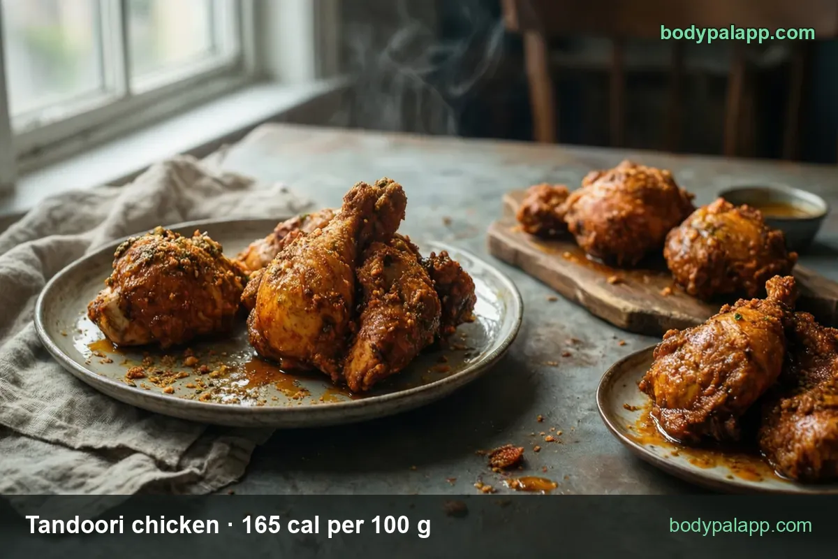 Plate of three steaming tandoori chicken pieces, a thigh and two drumsticks, with chips for 3 pieces 150 g and 1 piece 50 g