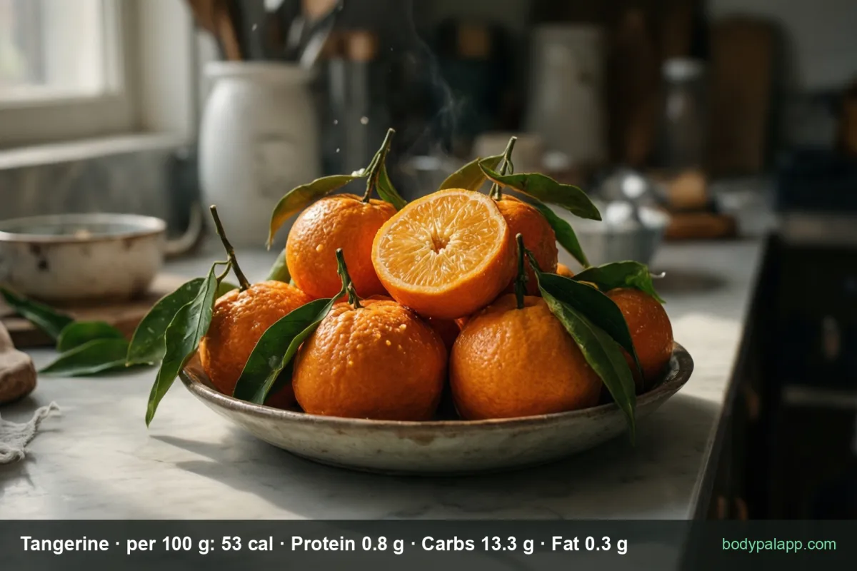 A single whole tangerine with its stem and leaf on a wooden table, light steam drifting past it