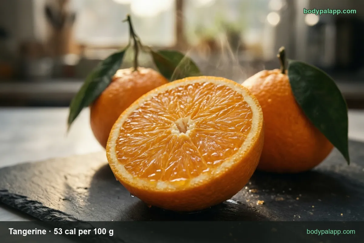 Three panels: whole tangerine with leaf, a halved one showing segments, bowl of peeled segments; 1 medium 47 cal, 1 cup 103 cal