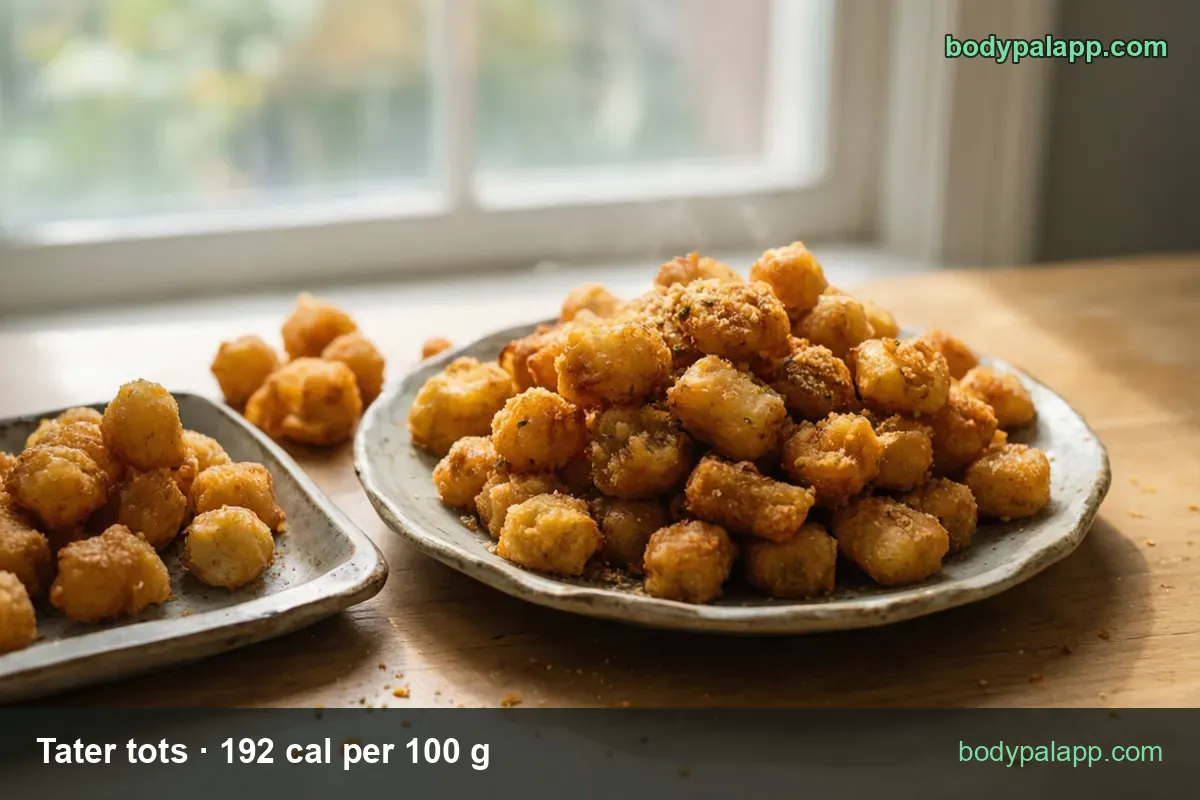 Plate of about 25 tater tots with a small tray of ten more beside it; labels read 10 puffs (79 g) 152 cal and 1 cup (128 g) 246 cal.