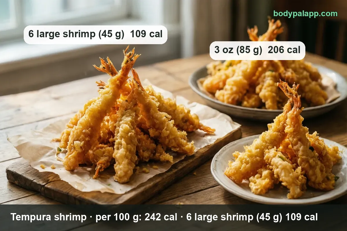 Three servings of tempura shrimp, tails up: a pile of 5-6, a plate of 4-5, a plate of 3 — 6 shrimp 45 g, 3 oz 85 g