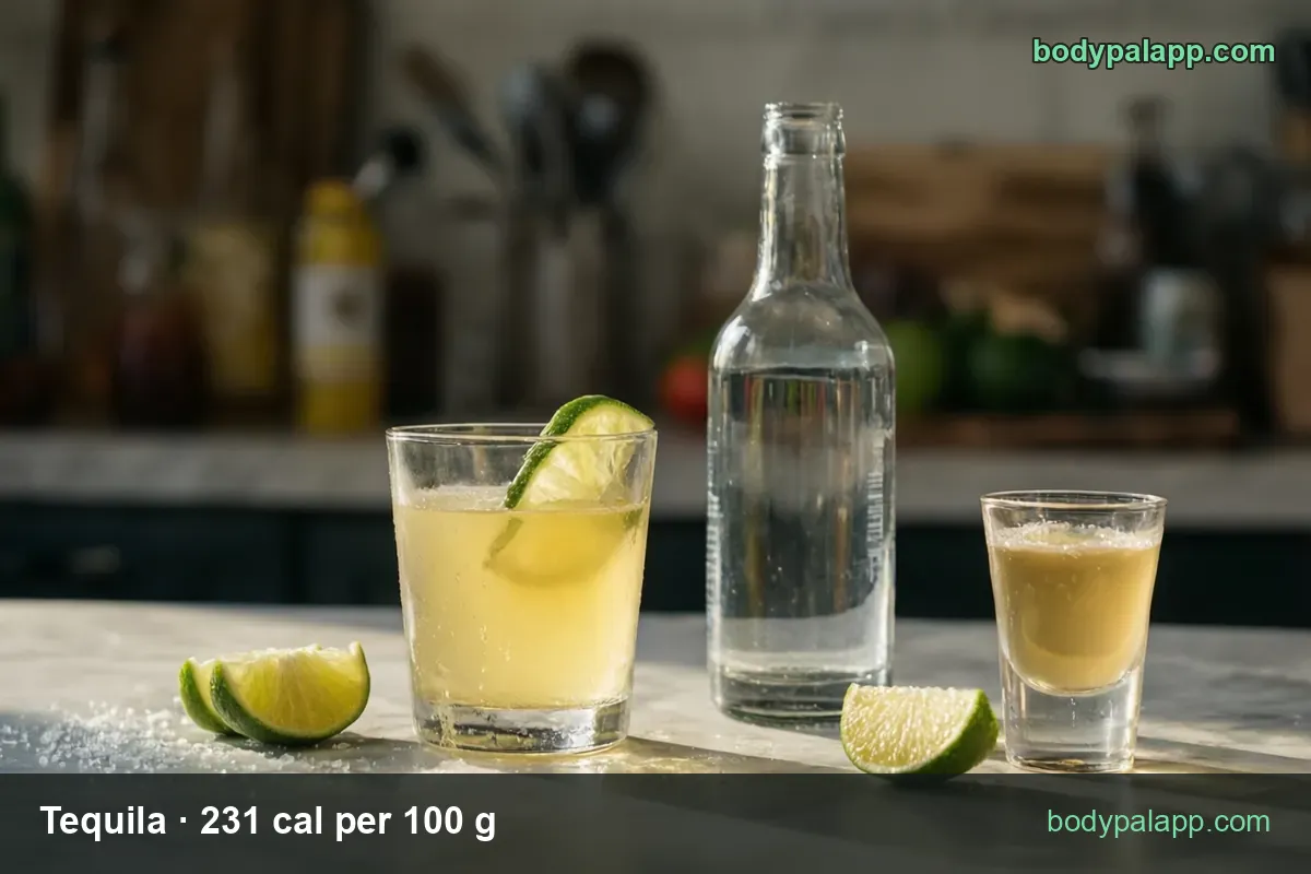 Unlabeled tequila bottle and a 1.5 fl oz shot glass with chips for 1 shot (42 g) 97 cal and 1 fl oz (28 g) 65 cal
