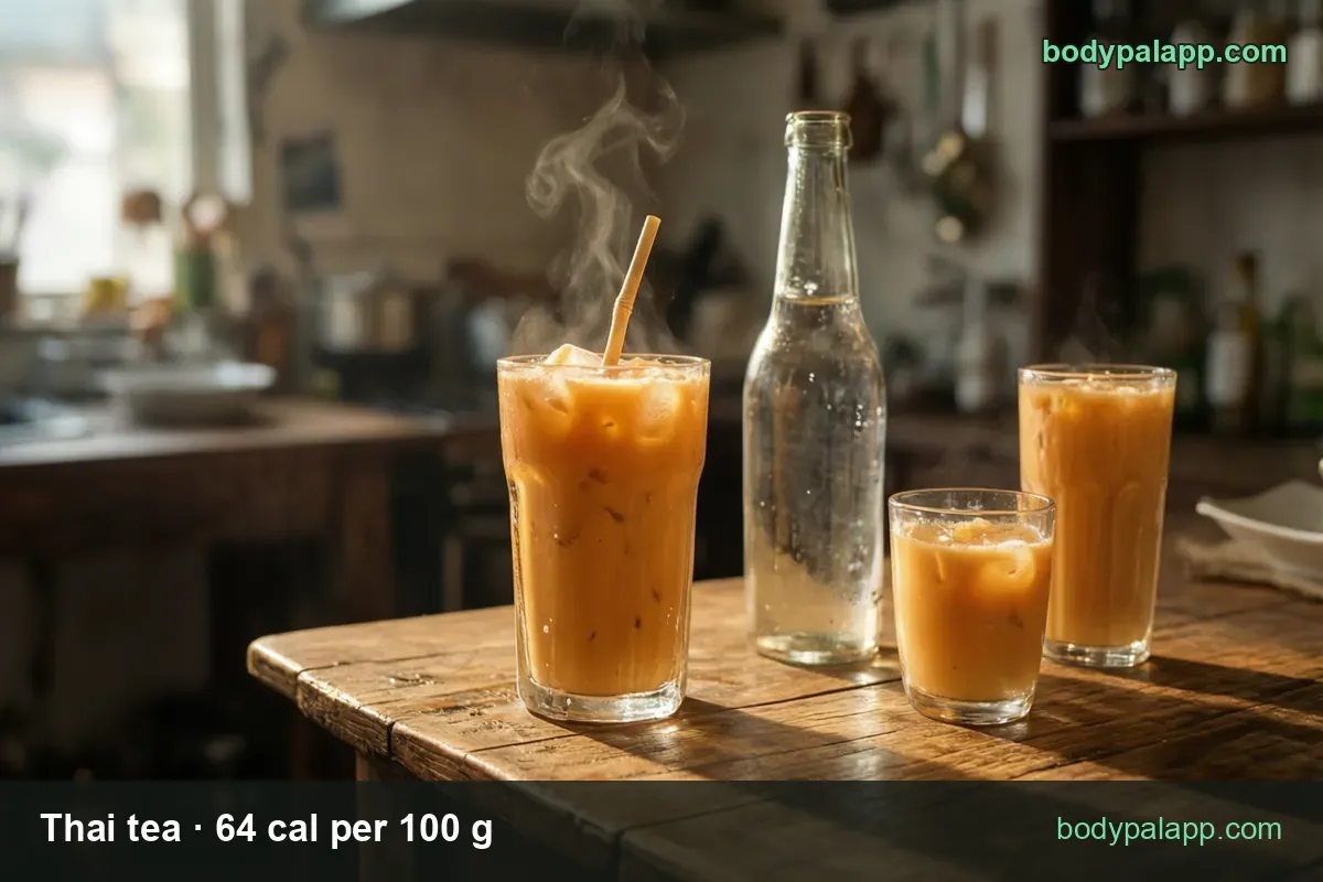 Three glasses of orange Thai iced tea with a clear unlabeled bottle, chips for a 355 g tall glass and a 240 g bottle
