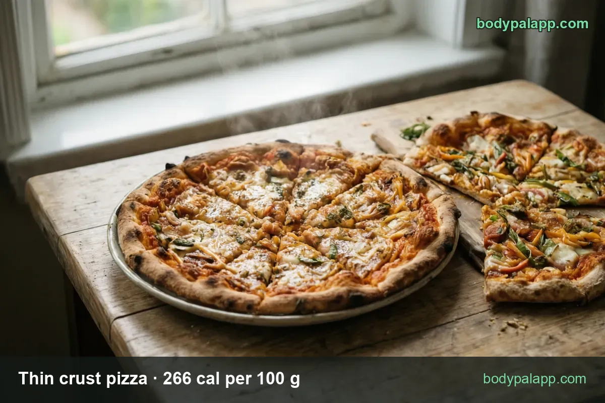 Thin crust pizza cut into slices on a metal tray with three slices on a board: 1 slice (86 g) 229 cal, 2 slices 458 cal