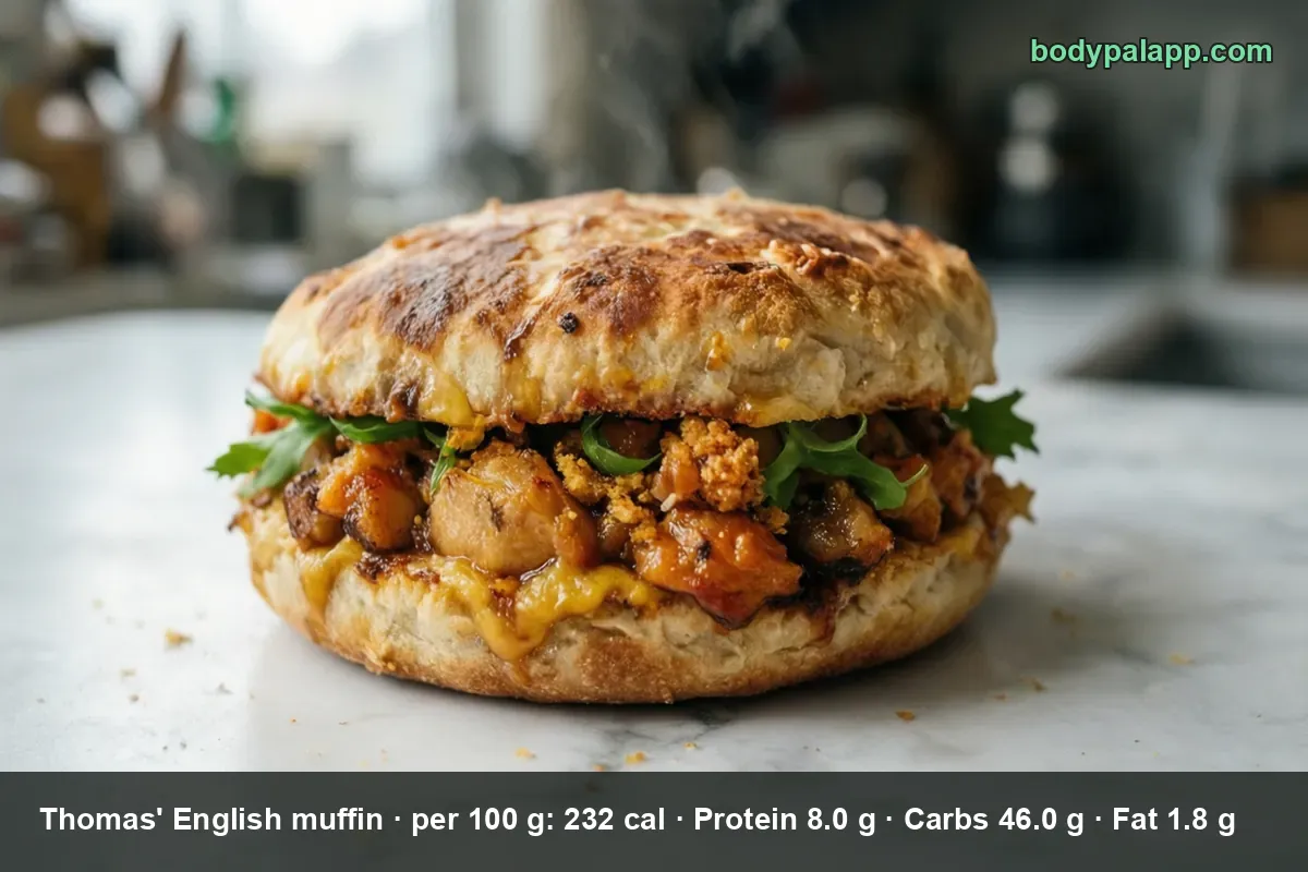 Large English muffin filled with meat, cheese and arugula as a sandwich