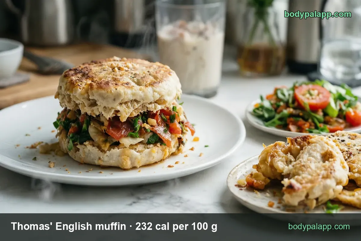 Halved English muffin sandwich with tomato and greens, side salad and two toasted halves; 1 muffin 132 cal, 1/2 muffin 66 cal