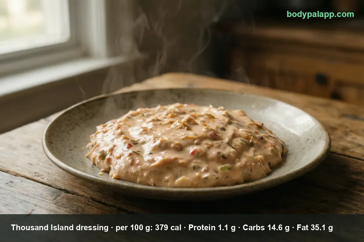 Pool of thick pink Thousand Island dressing with visible relish pieces in a shallow dish