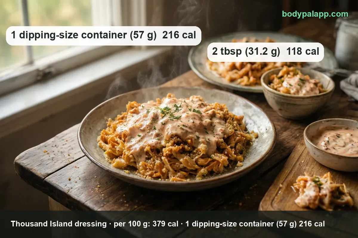Fried strips drizzled with Thousand Island dressing and two small bowls of it; dipping container 57 g and 2 tbsp 31.2 g