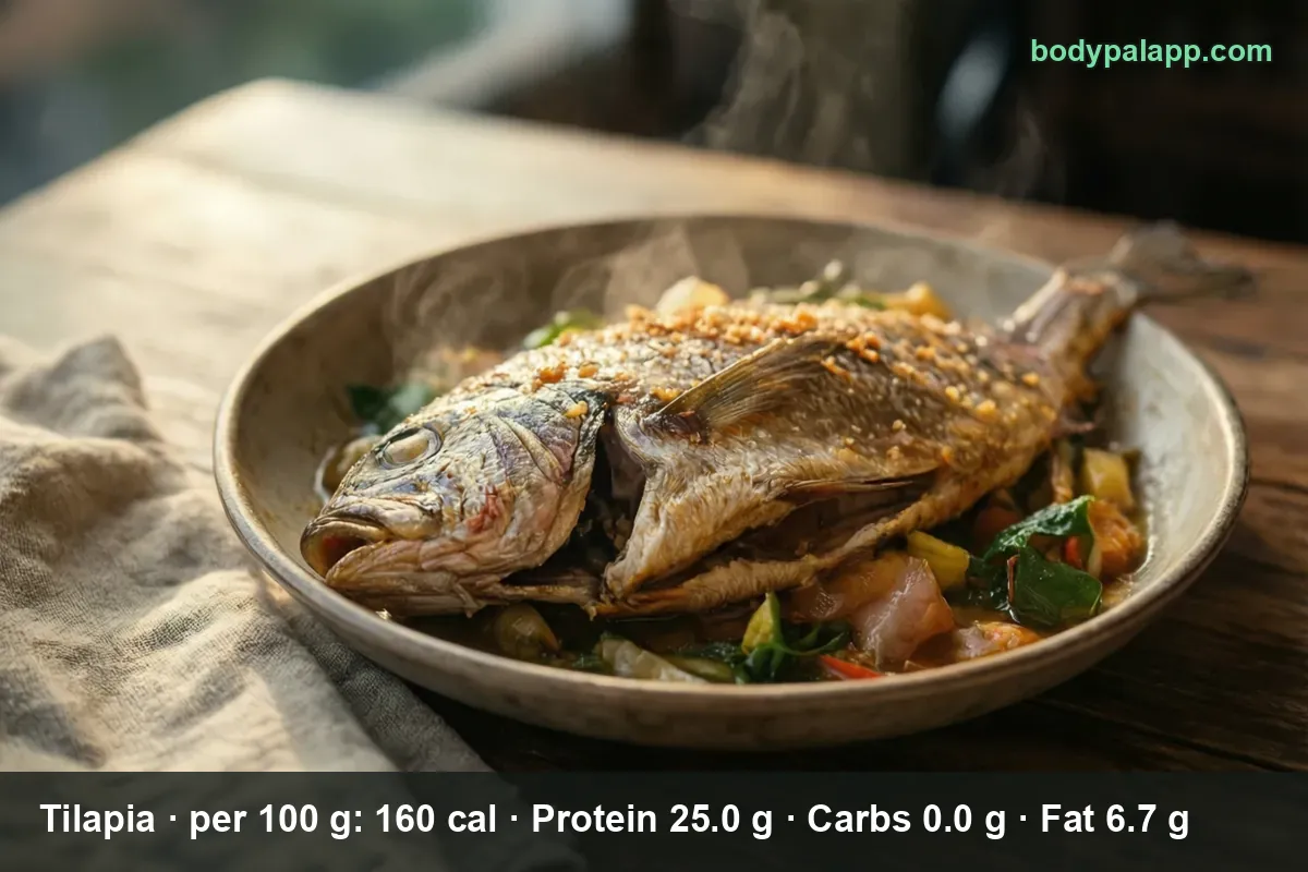 Whole fried tilapia with scales and head on a plate over vegetables, steam rising.