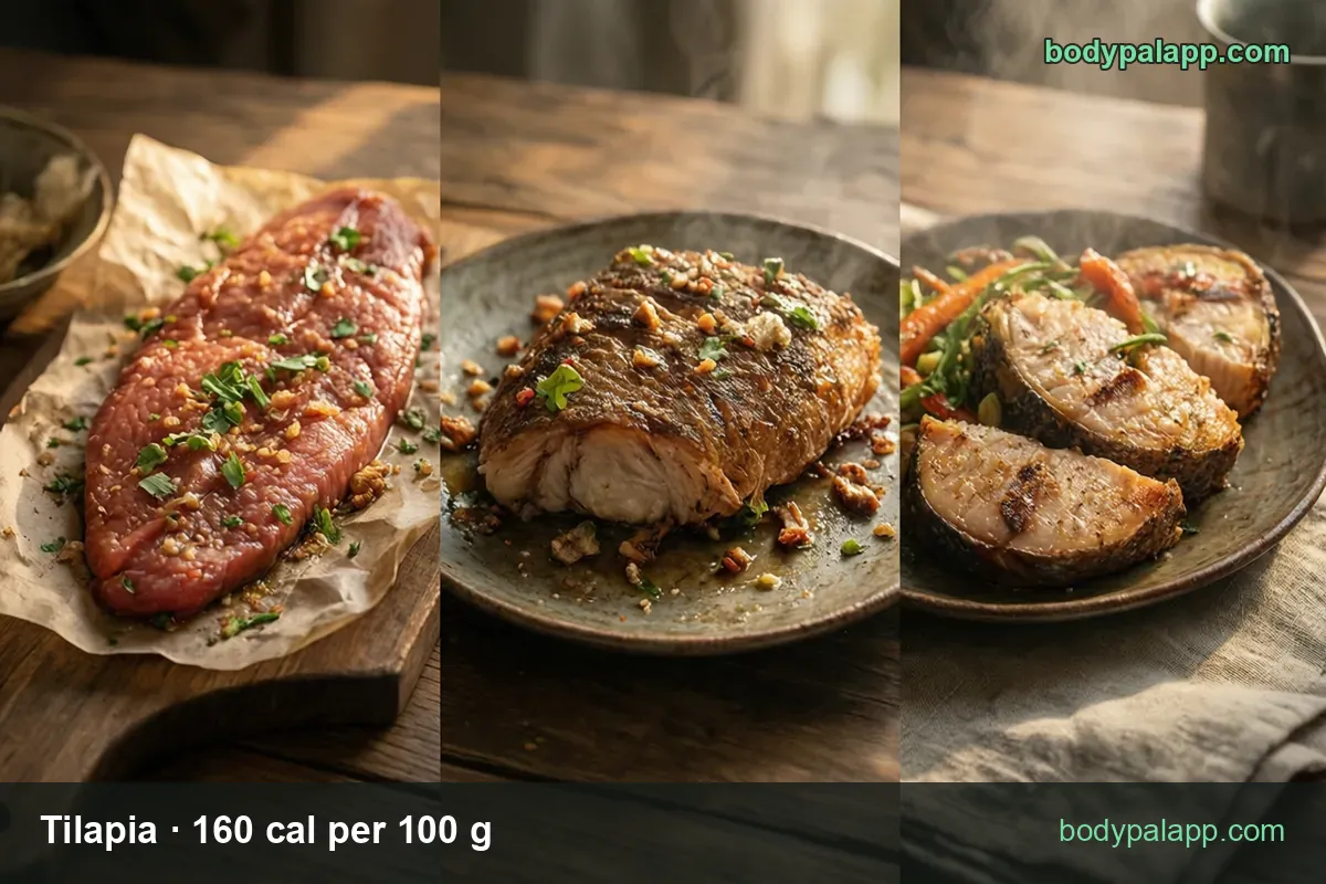 Baked tilapia fillet and grilled skin-on cutlets on carrots, with 1 fillet (90 g) 144 cal and large fillet (135 g) 216 cal.