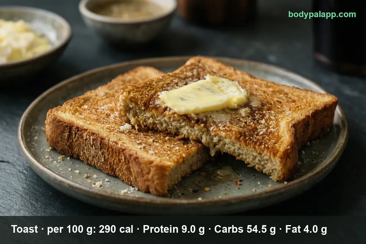 Two slices of buttered toast on a plate with a melting butter cube and crumbs