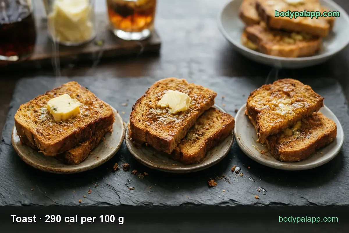 Three small plates of whole wheat toast on a dark board, labeled 1 slice (22 g) 64 cal and 2 slices (44 g) 128 cal