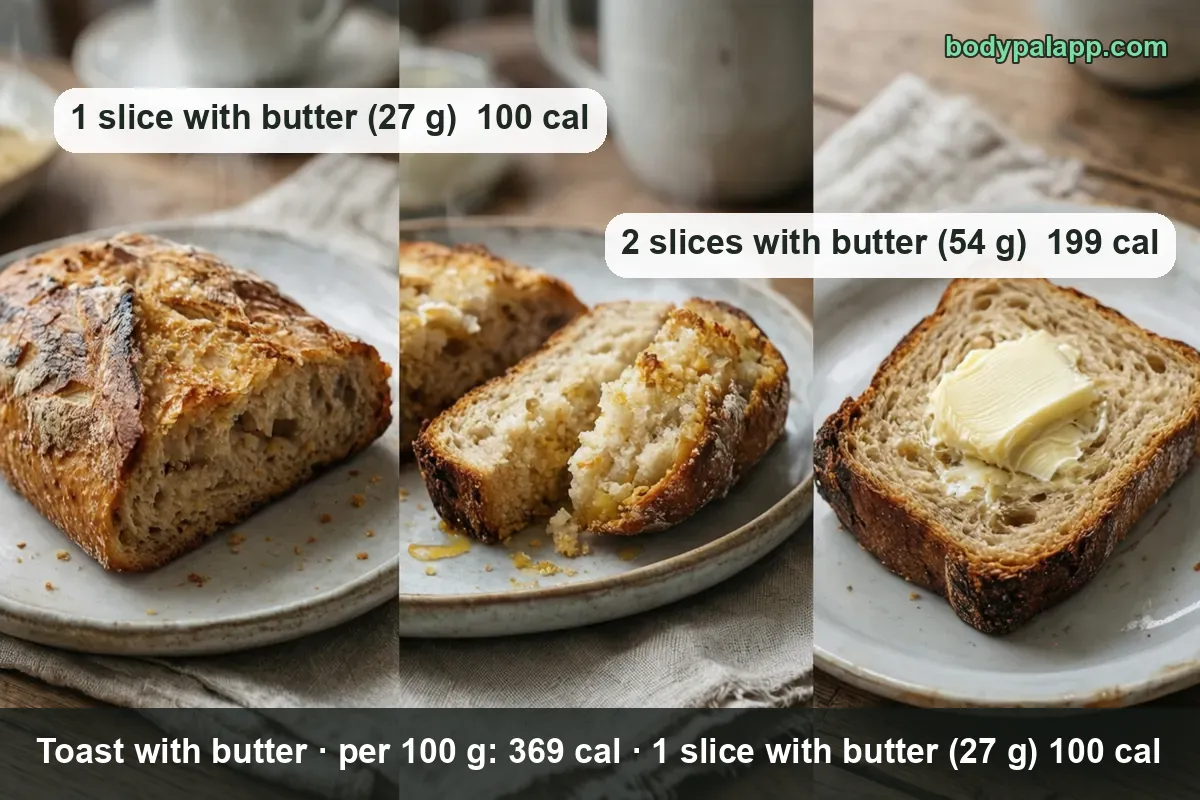Collage: crusty loaf on a plate, two slices with melting butter, one toasted slice with a pat of butter; 1 slice 100 cal, 2 slices 199 cal.