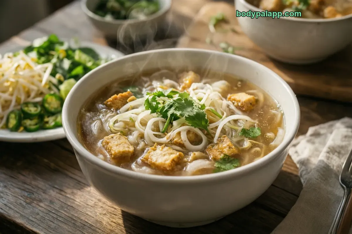 Tofu pho, meatless broth and noodles