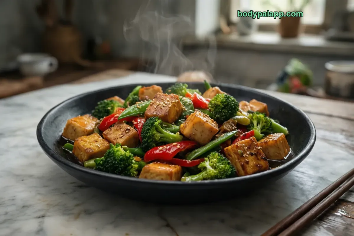 Tofu stir fry, with vegetables, soy sauce