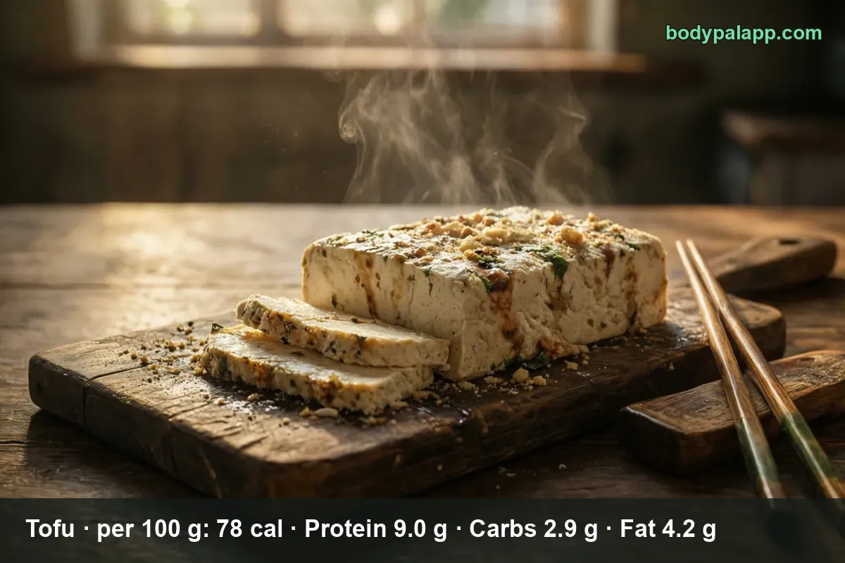 Close-up of an herb-crusted tofu block on a wooden board with three thick slices cut from it.