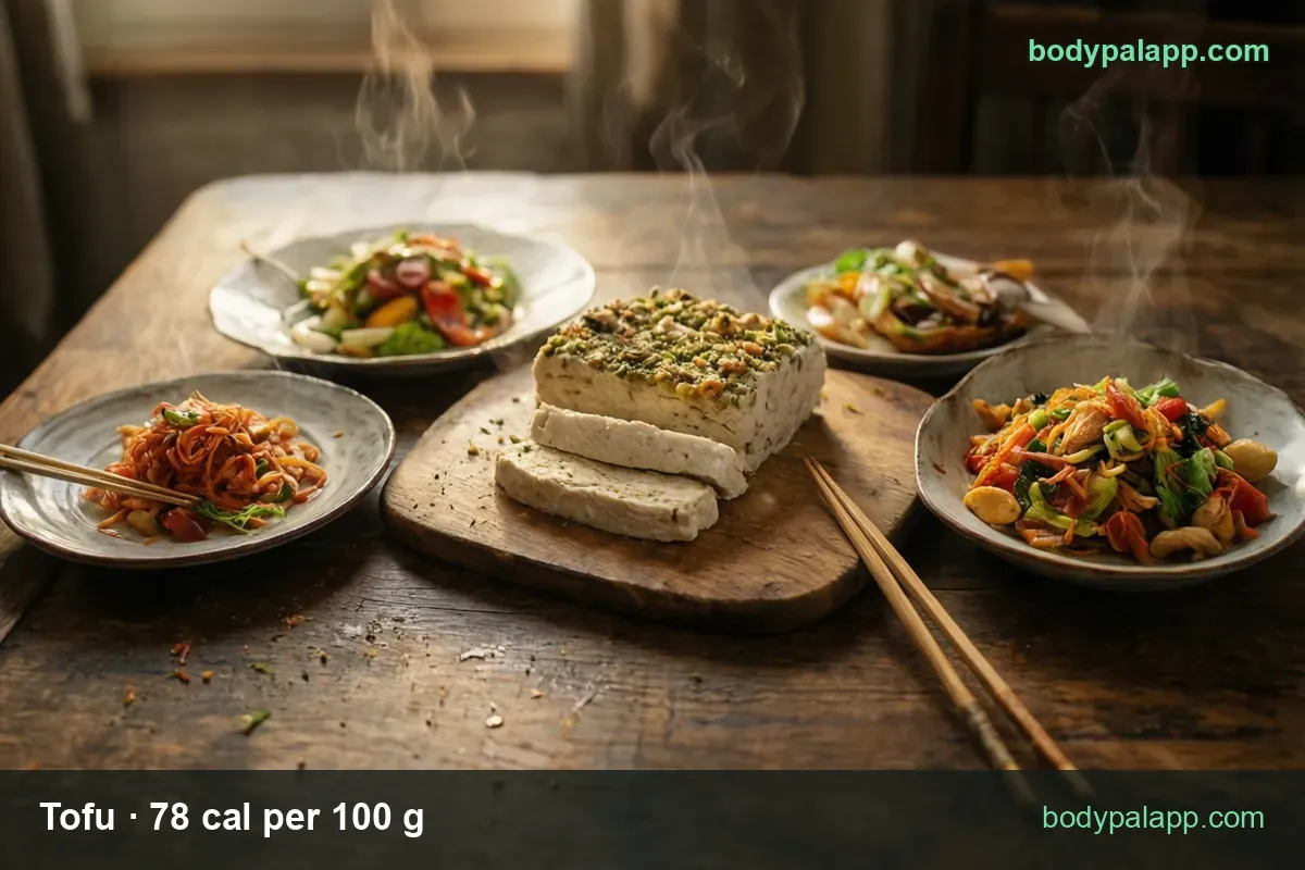 Herb-crusted tofu block and two slices on a board with noodle and vegetable side plates; 1/4 block (81 g) 63 cal, 1/2 cup (126 g) 98 cal.