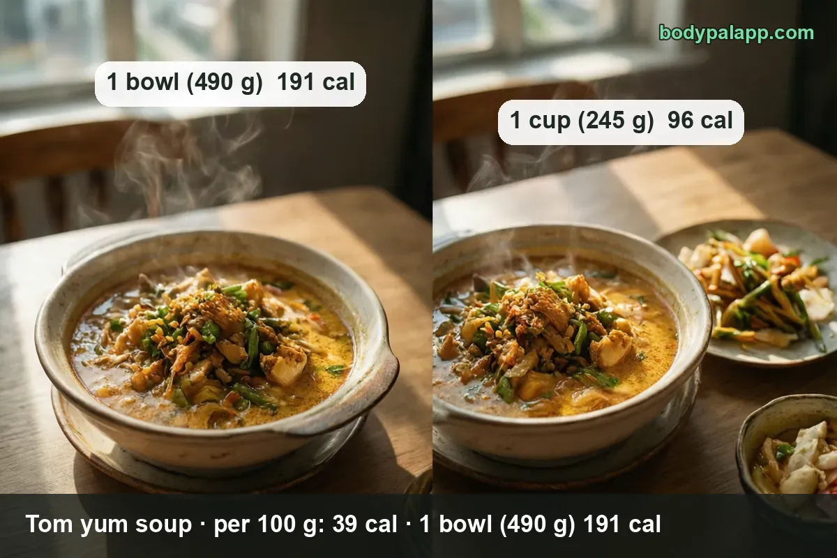 Ceramic bowl of tom yum soup with mushrooms, green beans and meat: 1 bowl (490 g) 191 cal, 1 cup (245 g) 96 cal.