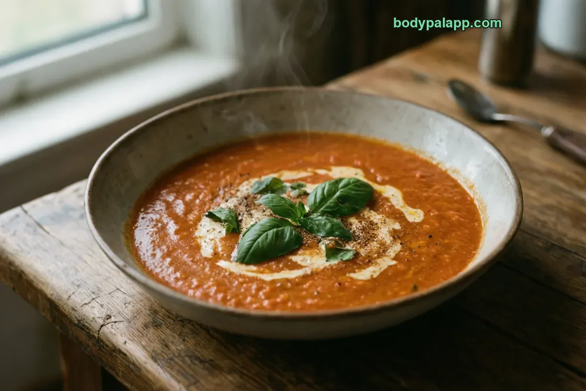 Tomato basil soup, packaged, per label