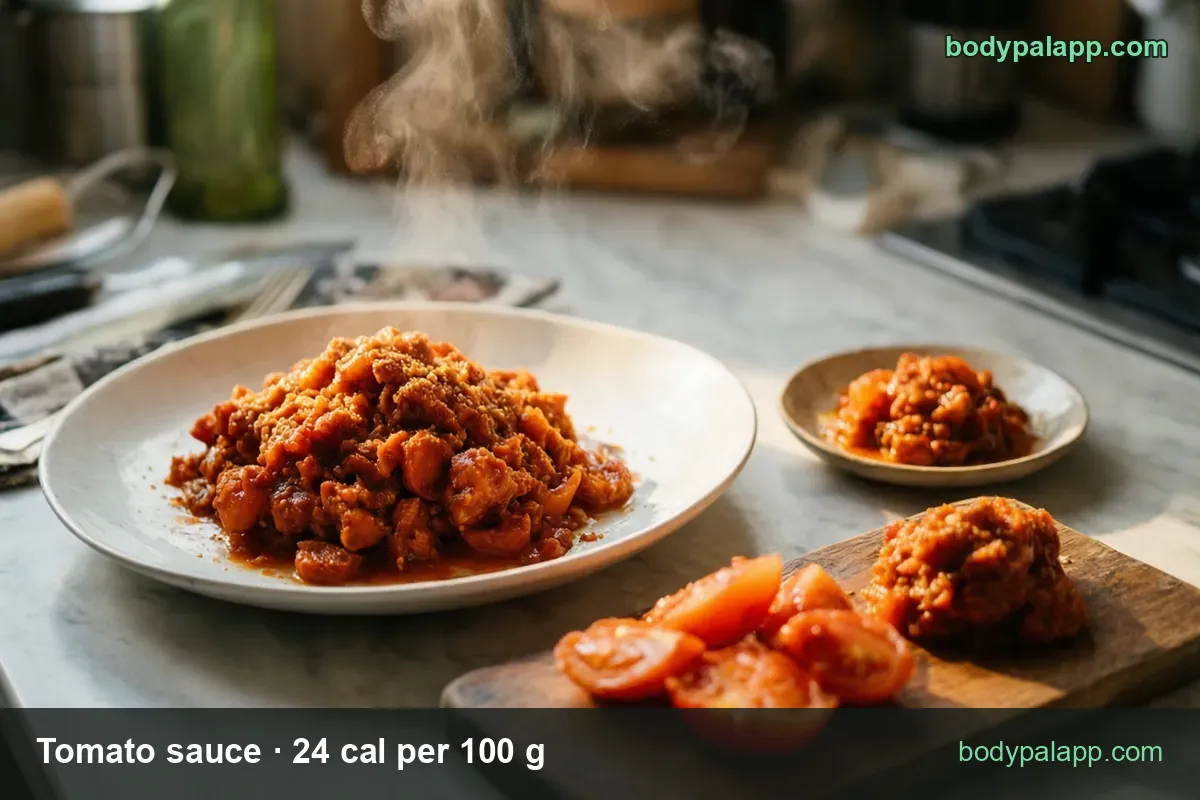 Thick tomato sauce on a white plate, a small bowl of sauce and sliced tomatoes; 1 cup 245 g 59 cal and 1/4 cup 61 g 15 cal