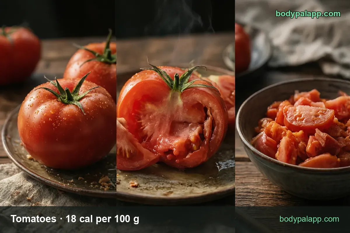 Ripe red Roma tomatoes with serving labels: 1 plum tomato (62 g) 11 cal and 1 cup chopped (180 g) 32 cal