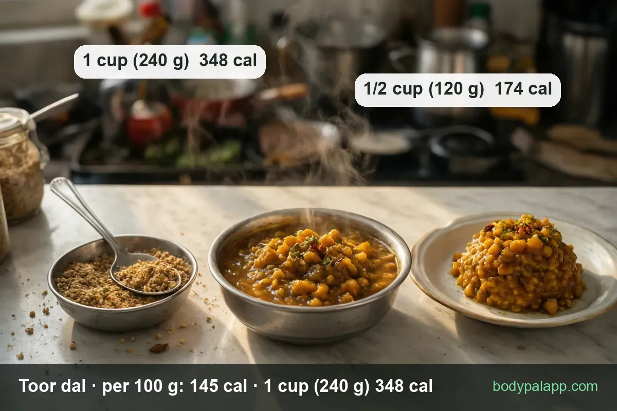 Dry spiced tempering mix in a metal bowl, thin dal in a steel bowl, thick dal with garnish on a plate; 1 cup 348 cal, 1/2 cup 174 cal