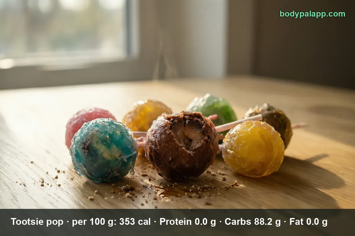 Six Tootsie Pops on sticks in blue, pink, amber, green, yellow and brown, the brown one bitten open to show its chocolate center.