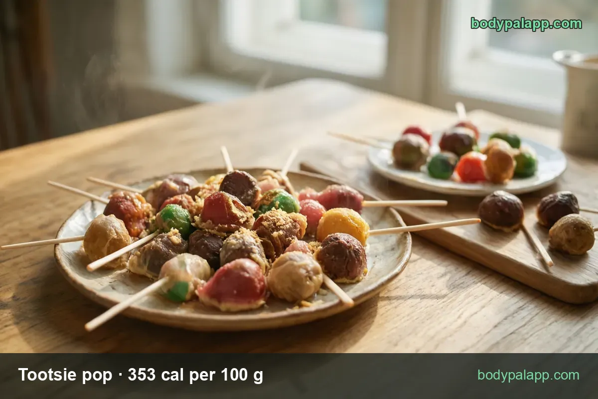 Six colored Tootsie Pops, the brown one bitten open, labeled 1 pop (17 g) 60 cal and 3 pops (51 g) 180 cal.