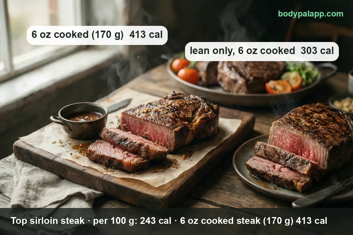 Top sirloin steak sliced into four medium-rare pieces on a board with dipping sauce, a second sliced steak on a plate and a tray of steaks with vegetables behind