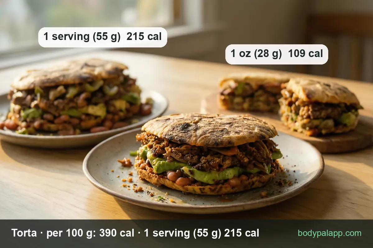 Three tortas on round flat baked bread with chopped meat, avocado and beans; chips show 1 serving 55 g 215 cal and 1 oz 28 g 109 cal.