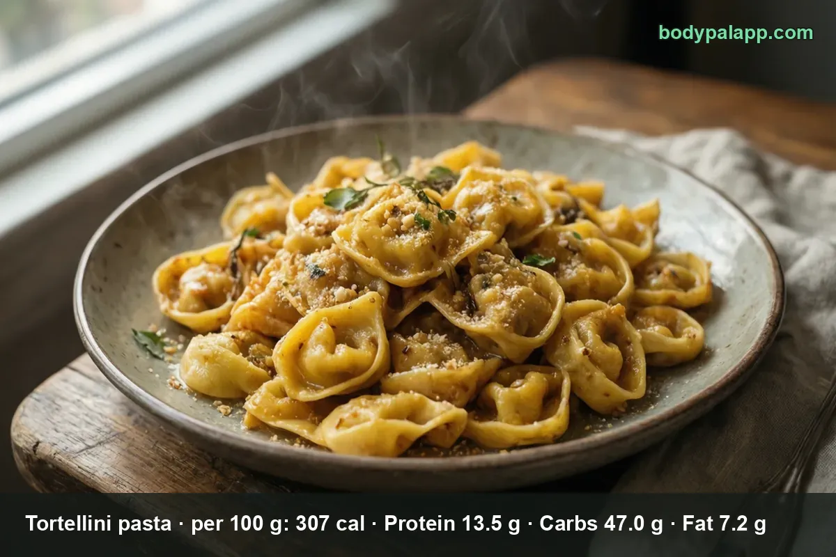 Plate of tortellini in butter sauce topped with grated Parmesan, steam rising
