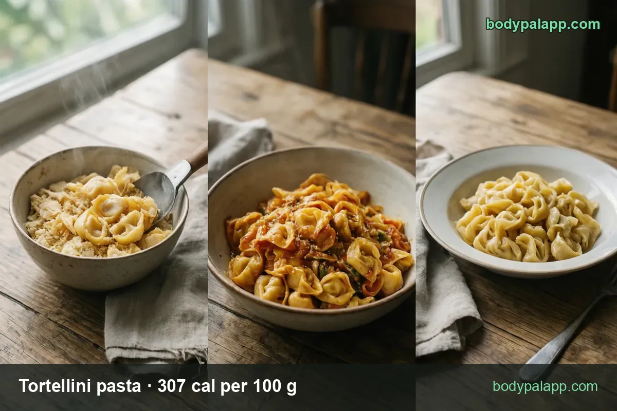 Three panels of tortellini: with sauce and Parmesan, in tomato sauce, plain boiled, with 1 cup 332 cal and 3/4 cup 249 cal